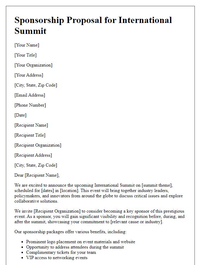 Letter template of sponsorship proposal for international summit.