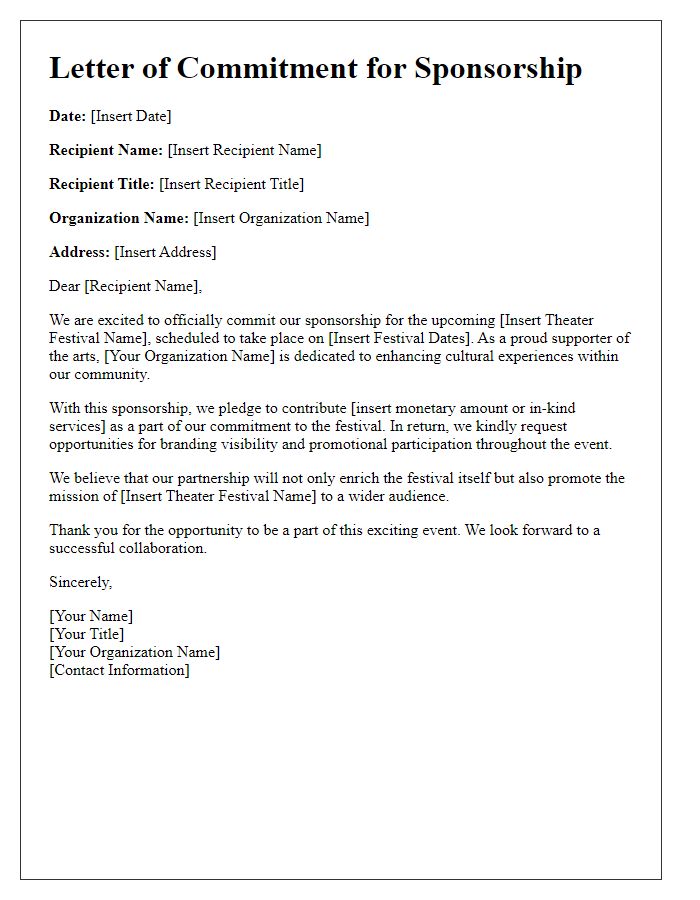 Letter template of commitment for theater festival sponsorship