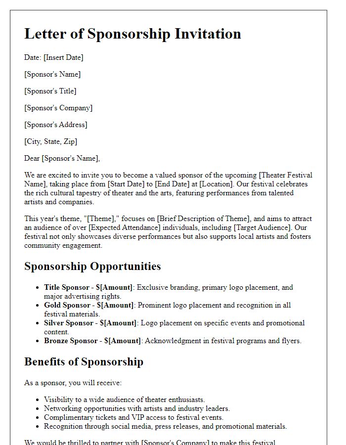 Letter template of detailed sponsorship package for theater festival