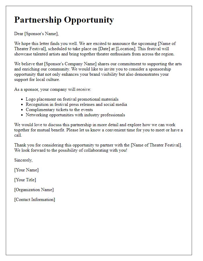 Letter template of partnership opportunity for theater festival sponsorship