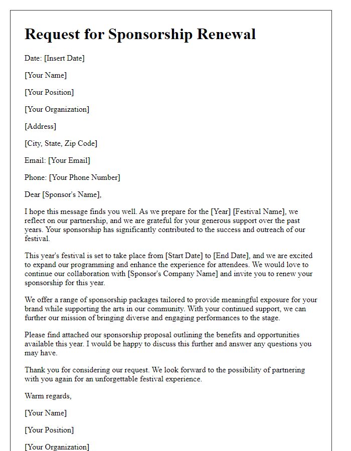 Letter template of renewal request for theater festival sponsorship