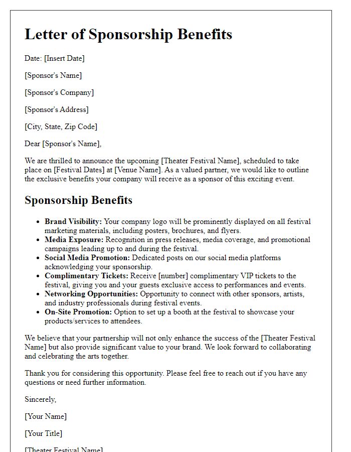 Letter template of sponsorship benefits for theater festival