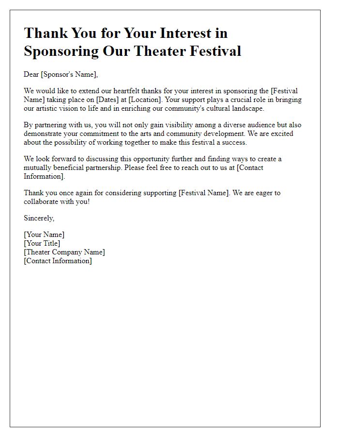 Letter template of thank you for theater festival sponsorship interest