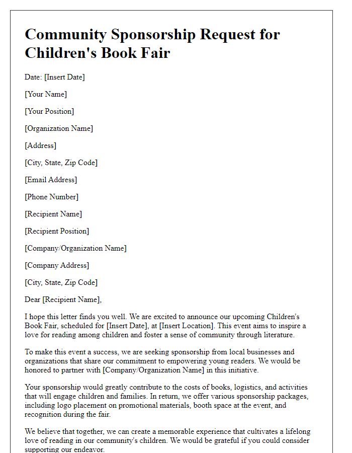 Letter template of community sponsorship request for children's book fair