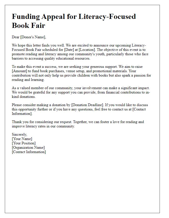 Letter template of funding appeal for literacy-focused book fair