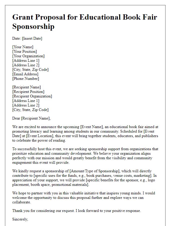 Letter template of grant proposal for educational book fair sponsorship