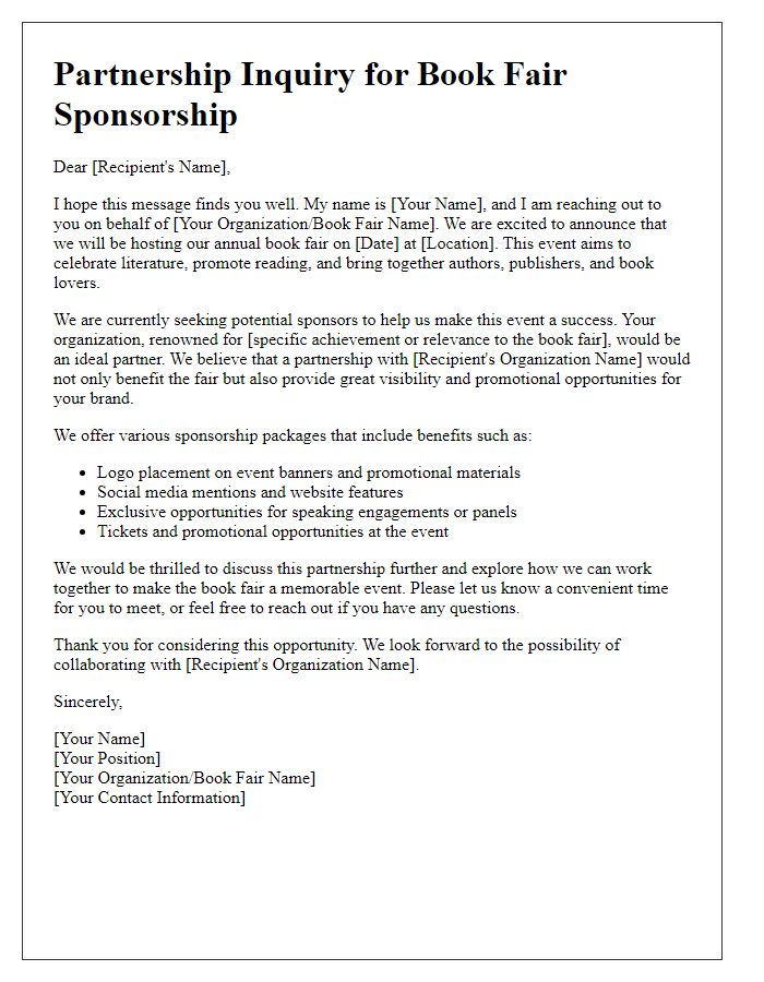 Letter template of partnership inquiry for book fair sponsorship