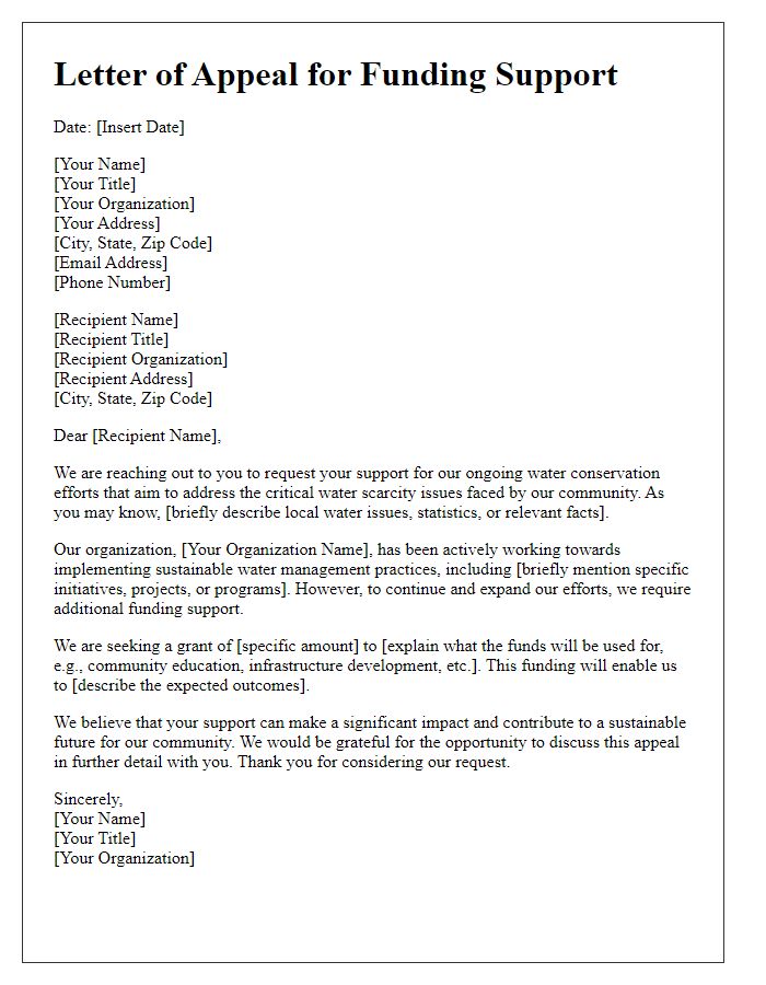 Letter template of appeal for funding support in water conservation efforts.