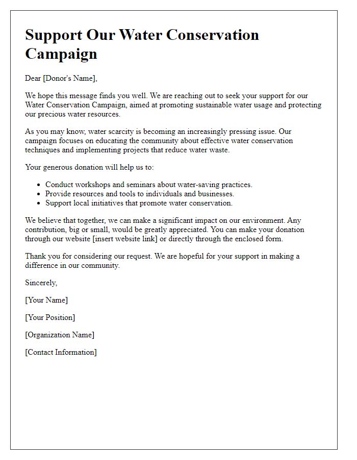 Letter template of donation request for water conservation campaigns.