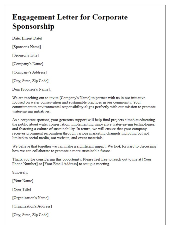 Letter template of engagement for corporate sponsorship in water saving.