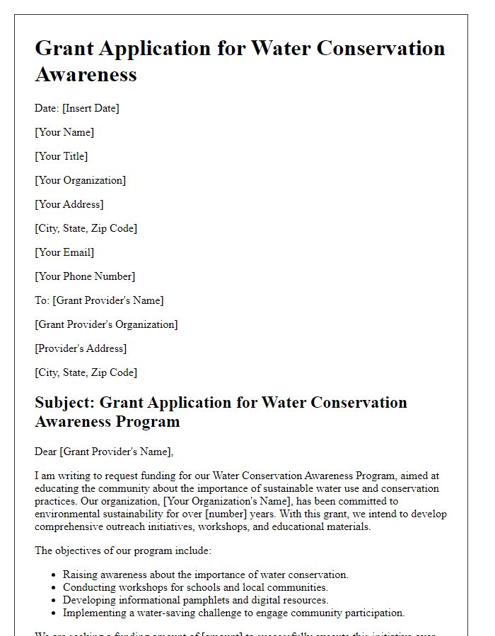 Letter template of grant application for water conservation awareness.