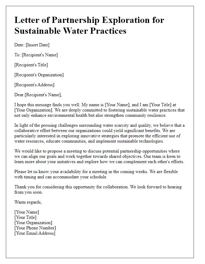 Letter template of partnership exploration for sustainable water practices.