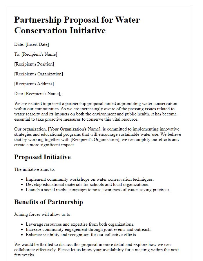 Letter template of partnership proposal for water conservation initiative.