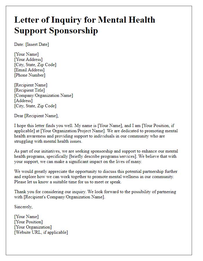 Letter template of inquiry for mental health support sponsorship