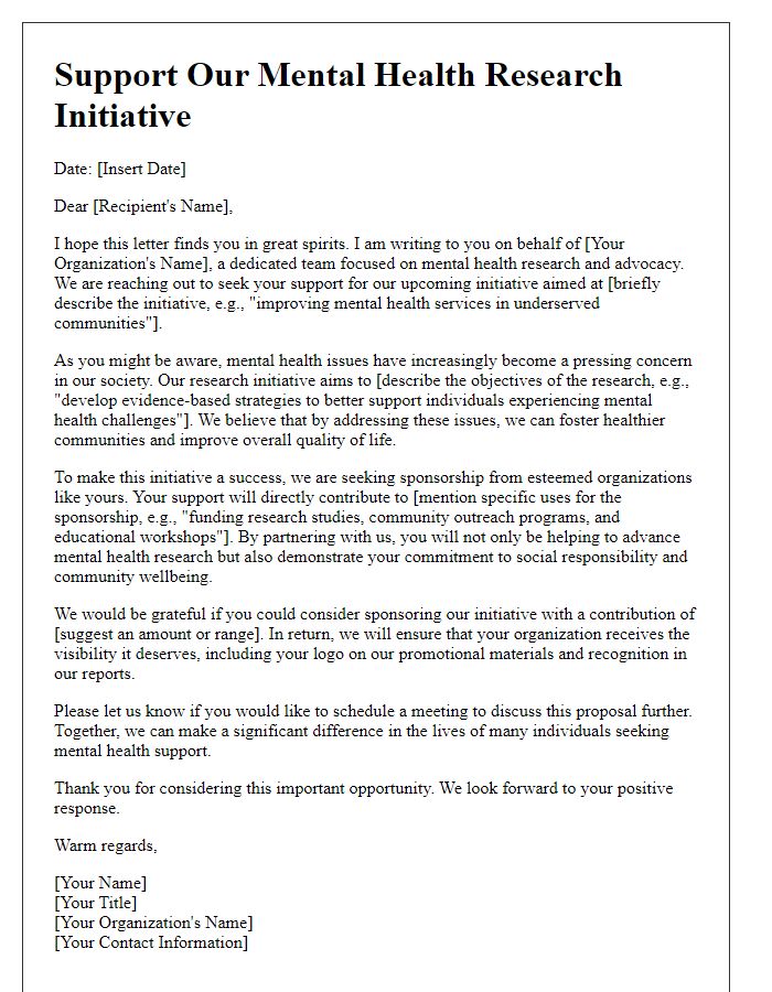 Letter template of sponsorship appeal for mental health research initiative