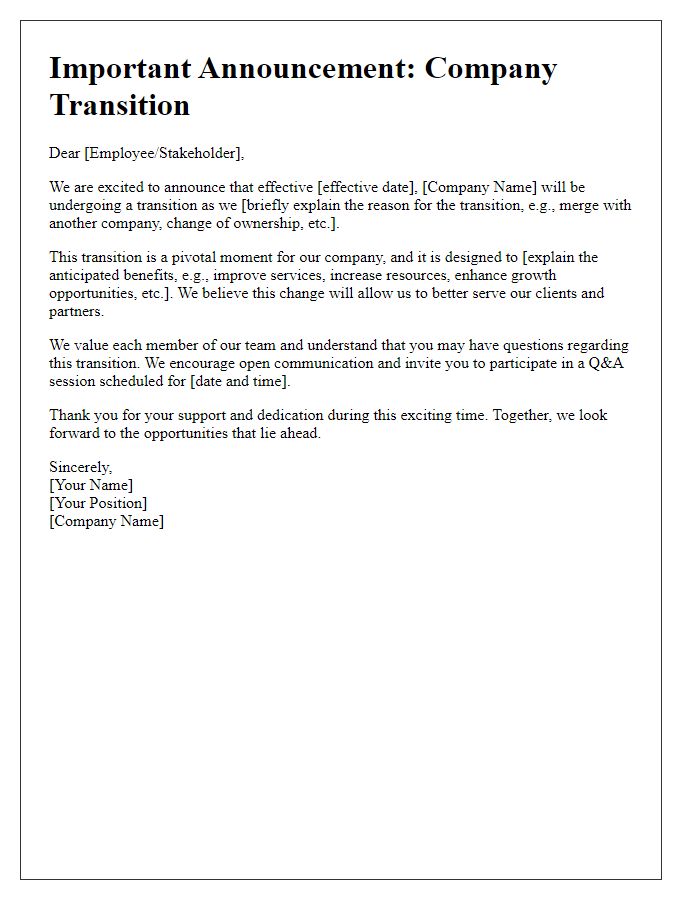 Letter template of company transition announcement.