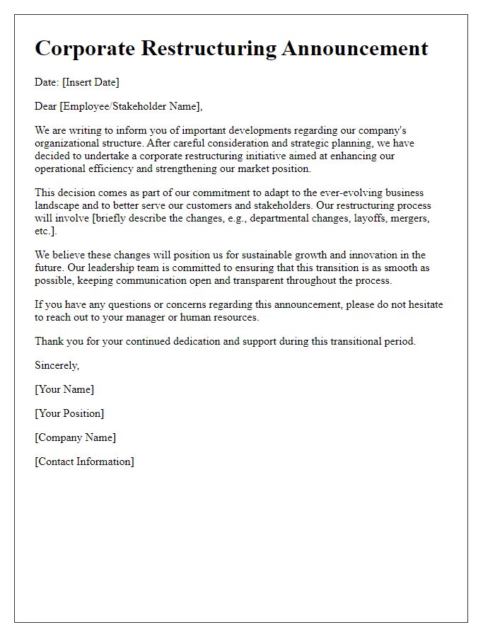 Letter template of corporate restructuring announcement.