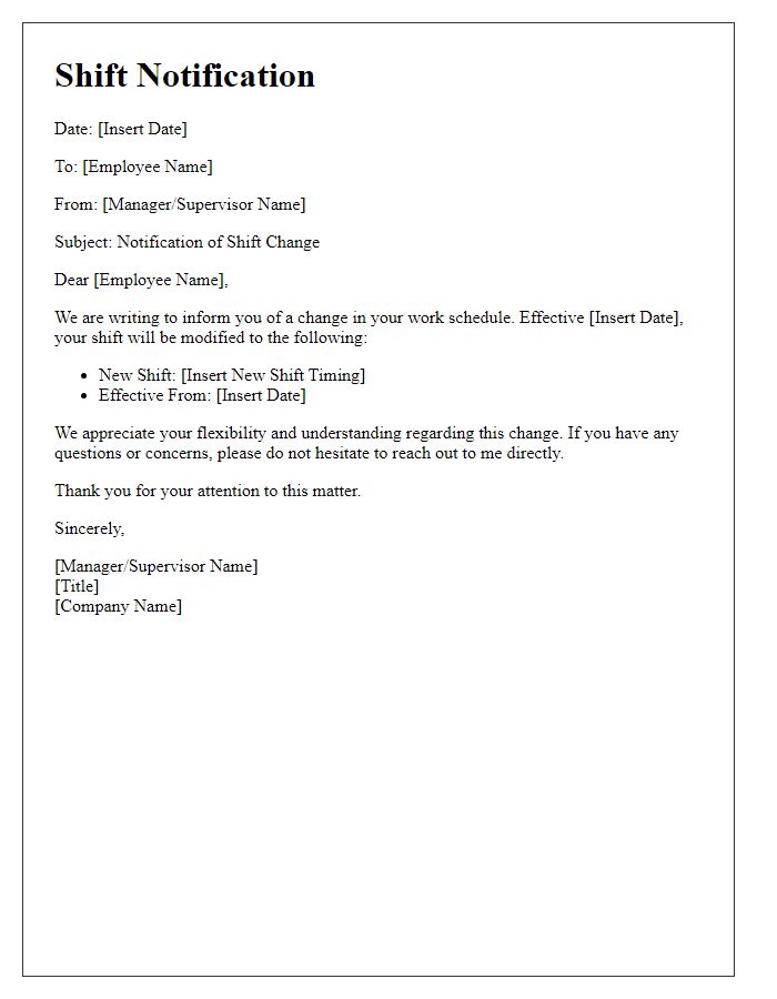 Letter template of corporate shift notification.