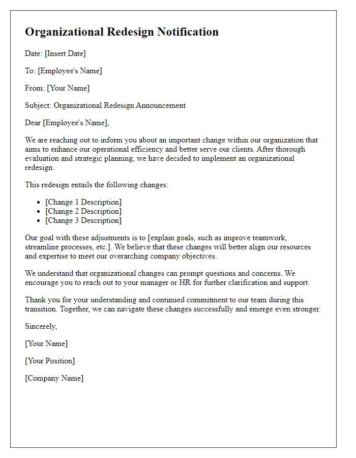 Letter template of organizational redesign letter.