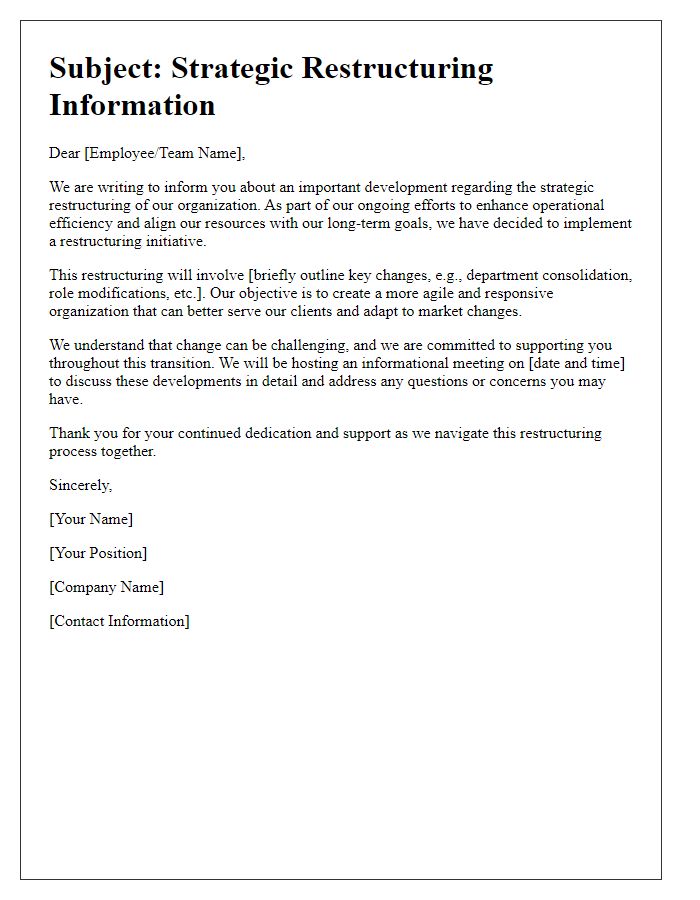 Letter template of strategic restructuring information.