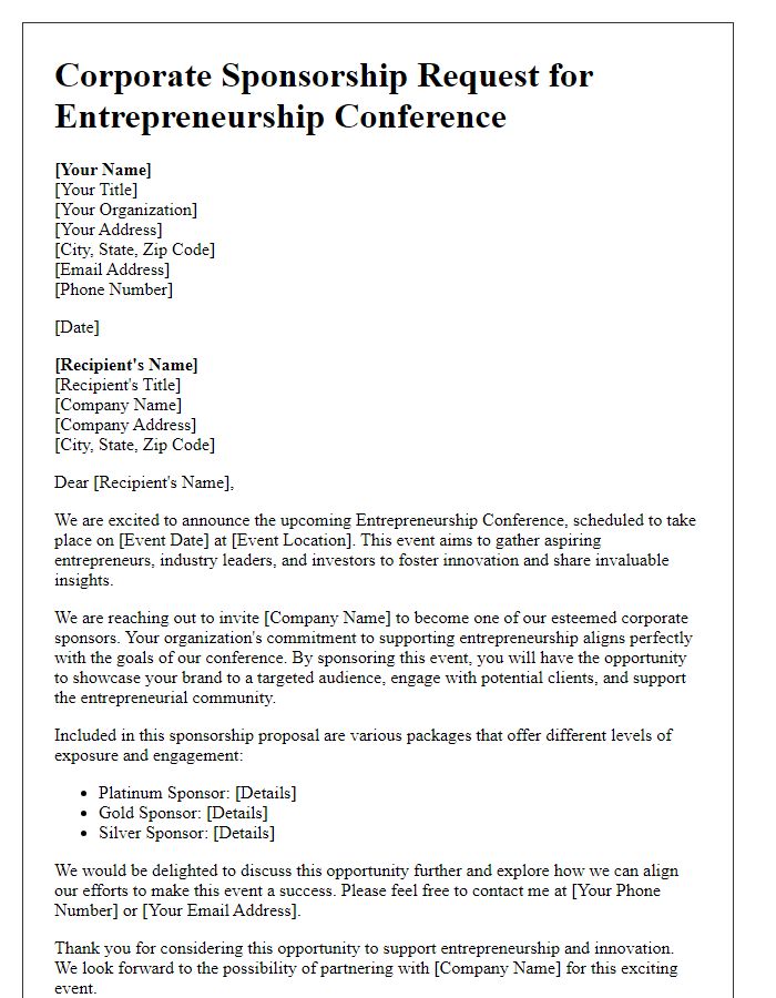 Letter template of corporate sponsorship request for entrepreneurship conference