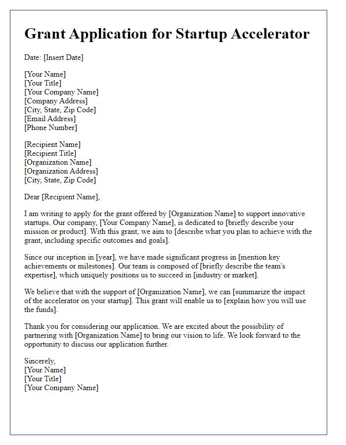 Letter template of grant application for startup accelerator