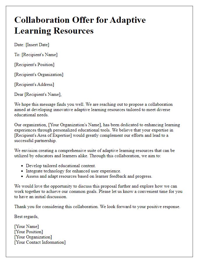 Letter template of collaboration offer for adaptive learning resources