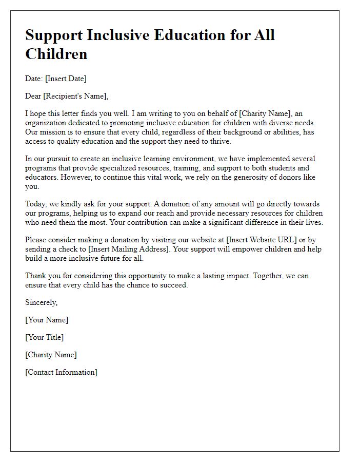 Letter template of donation solicitation for inclusive education charities