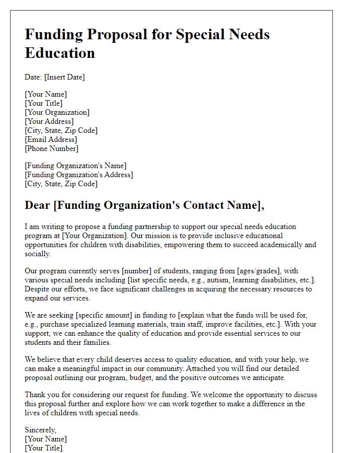 Letter template of funding proposal for special needs education