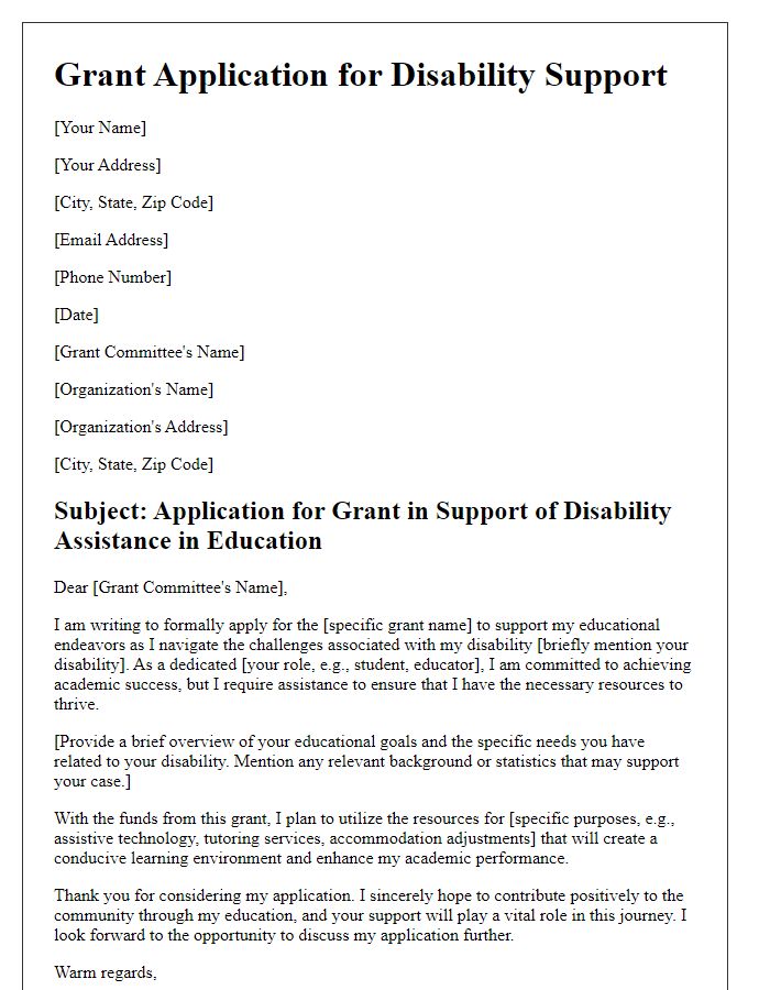 Letter template of grant application for disability support in education