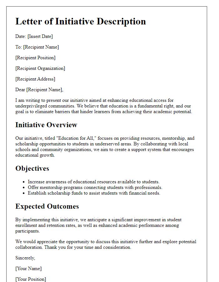 Letter template of initiative description for enhancing educational access