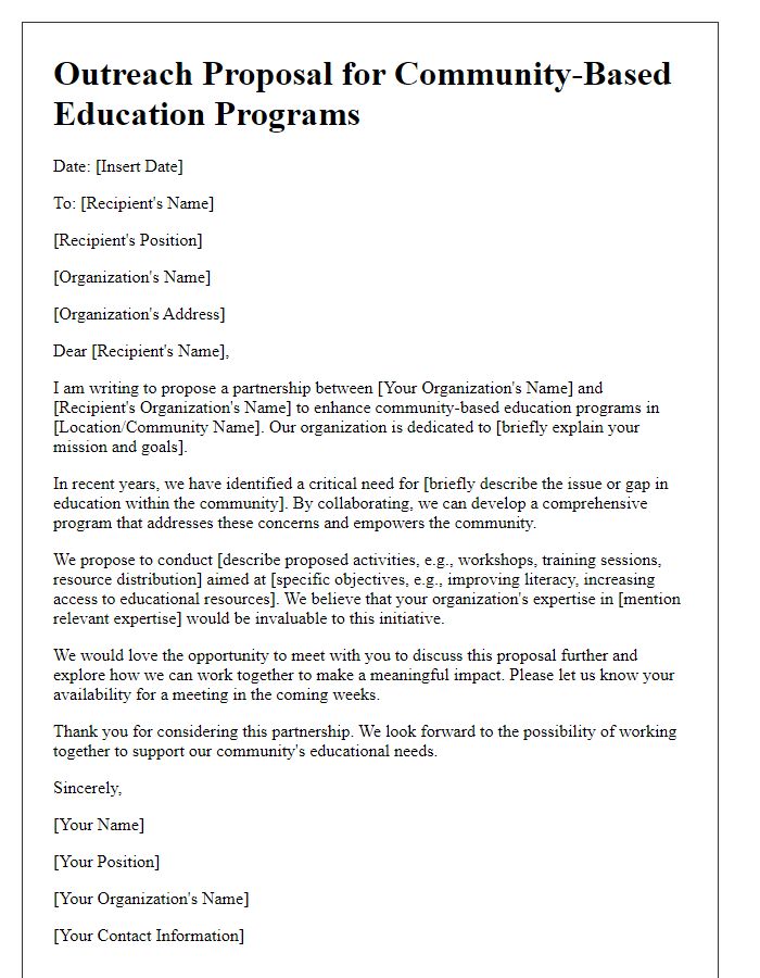 Letter template of outreach proposal for community-based education programs