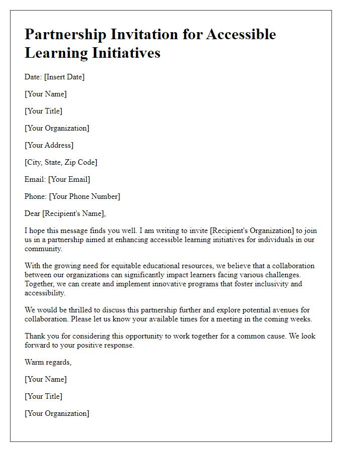 Letter template of partnership invitation for accessible learning initiatives