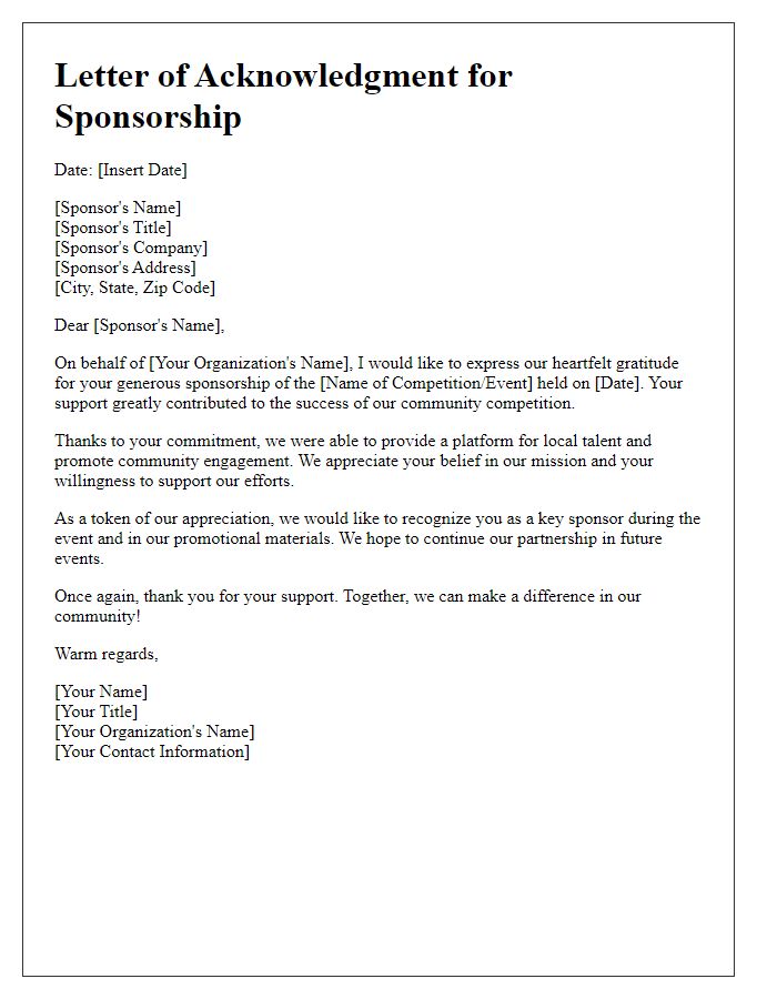 Letter template of sponsorship acknowledgment for community competitions