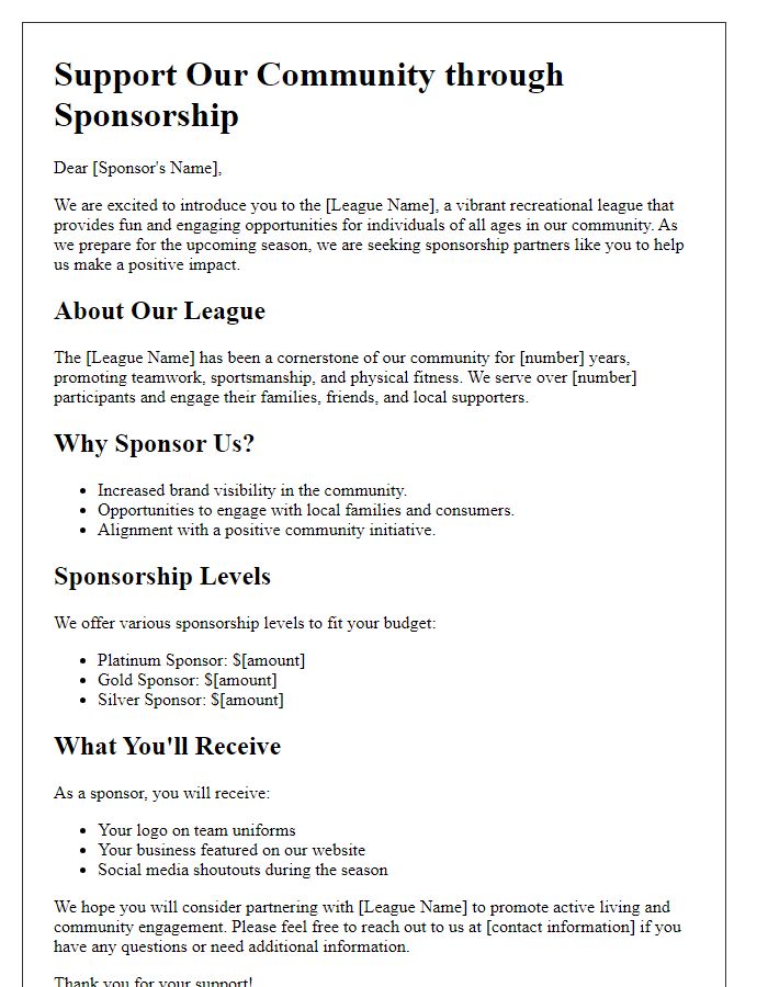 Letter template of sponsorship brochure for recreational leagues