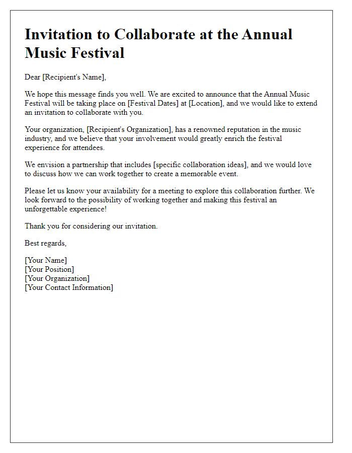 Letter template of collaboration invitation for music festival.