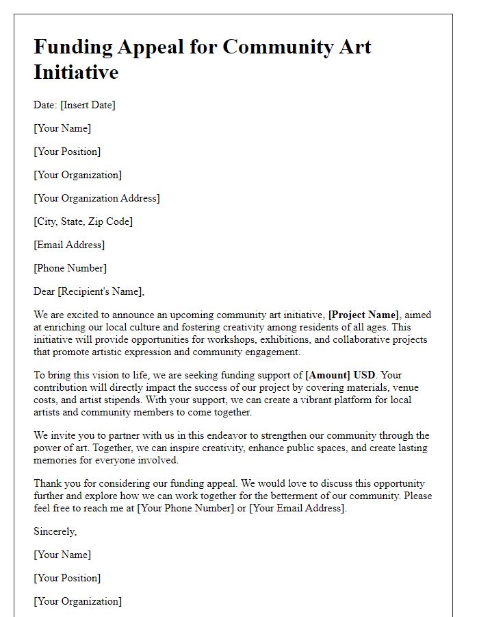 Letter template of funding appeal for community art initiative.