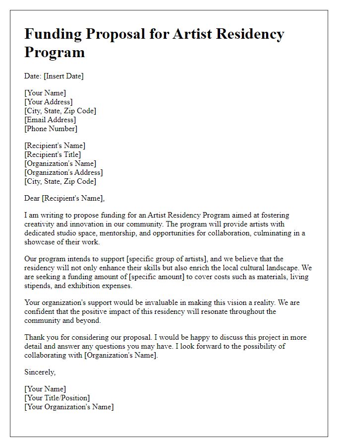 Letter template of funding proposal for artist residency program.