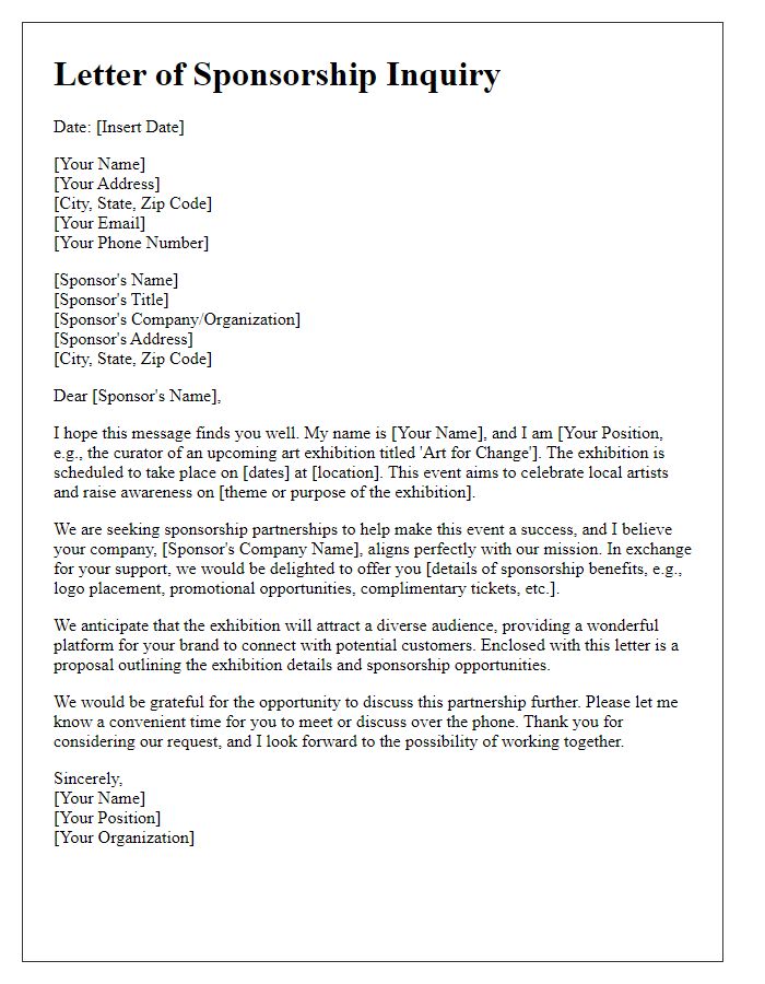 Letter template of sponsorship inquiry for art exhibition.