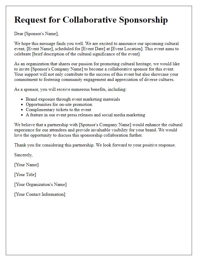 Letter template of collaborative sponsorship request for cultural event