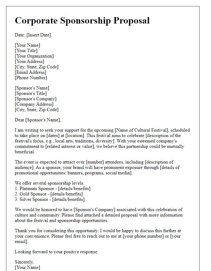 Letter template of corporate sponsorship proposal for a cultural festival