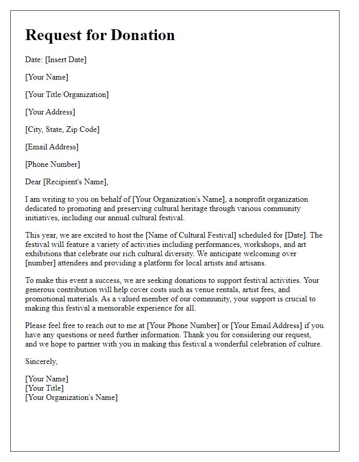 Letter template of donation request for supporting cultural festival activities