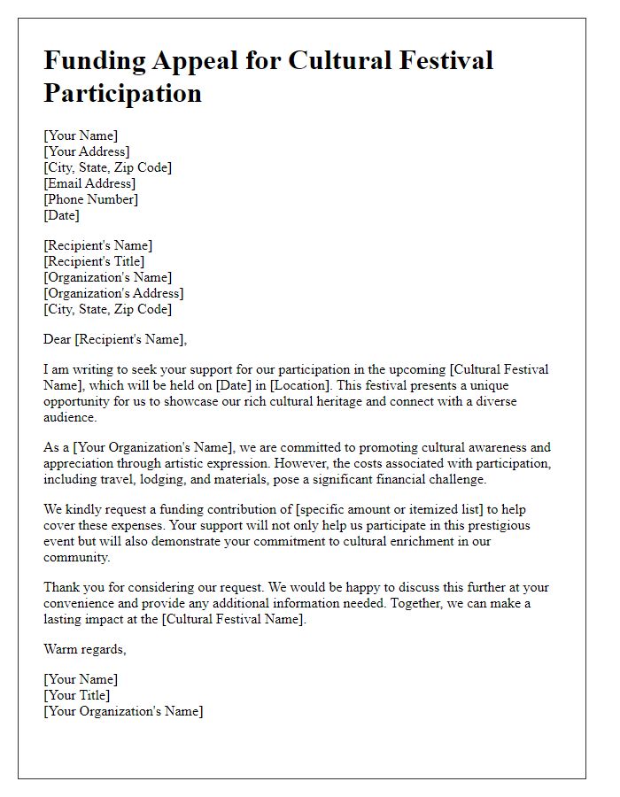 Letter template of funding appeal for cultural festival participation