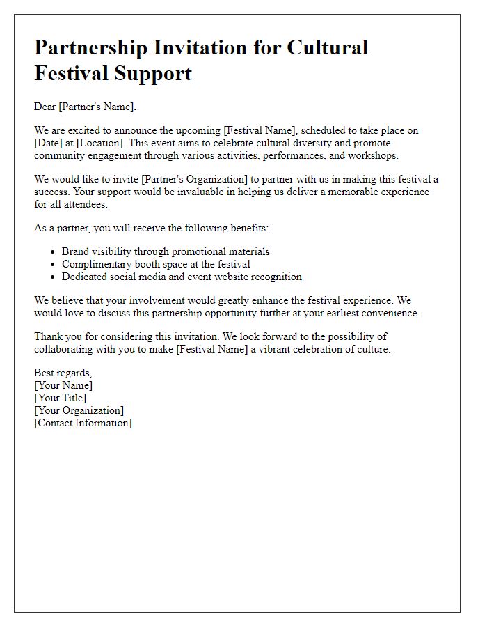 Letter template of partnership invitation for cultural festival support