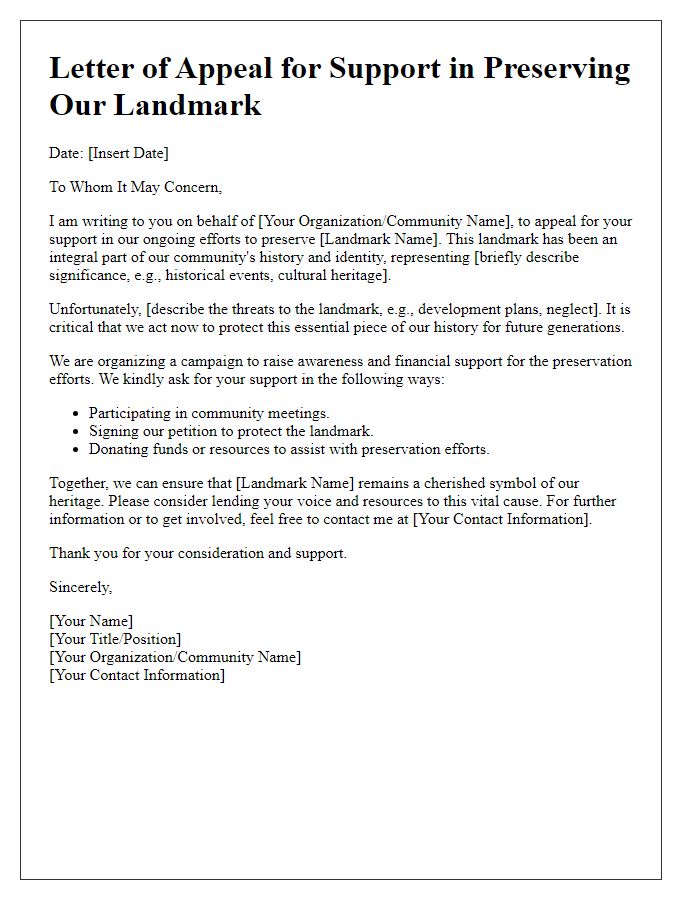 Letter template of appeal for support in preserving landmark