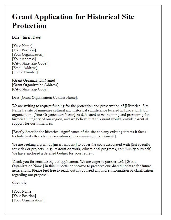 Letter template of grant application for historical site protection