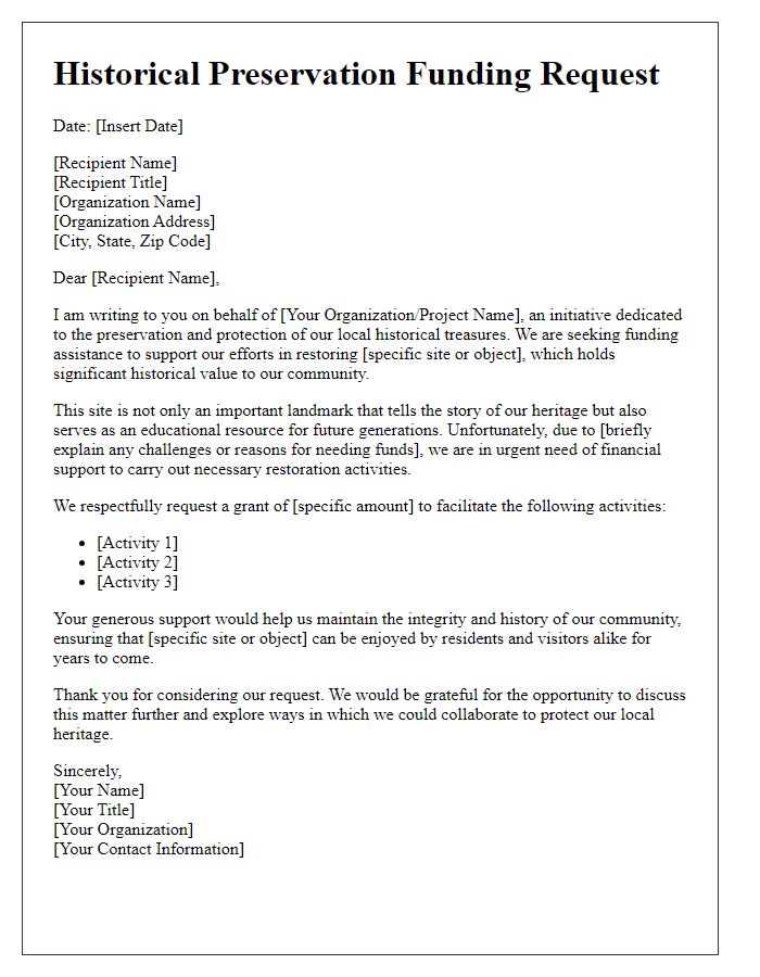 Letter template of historical preservation funding request