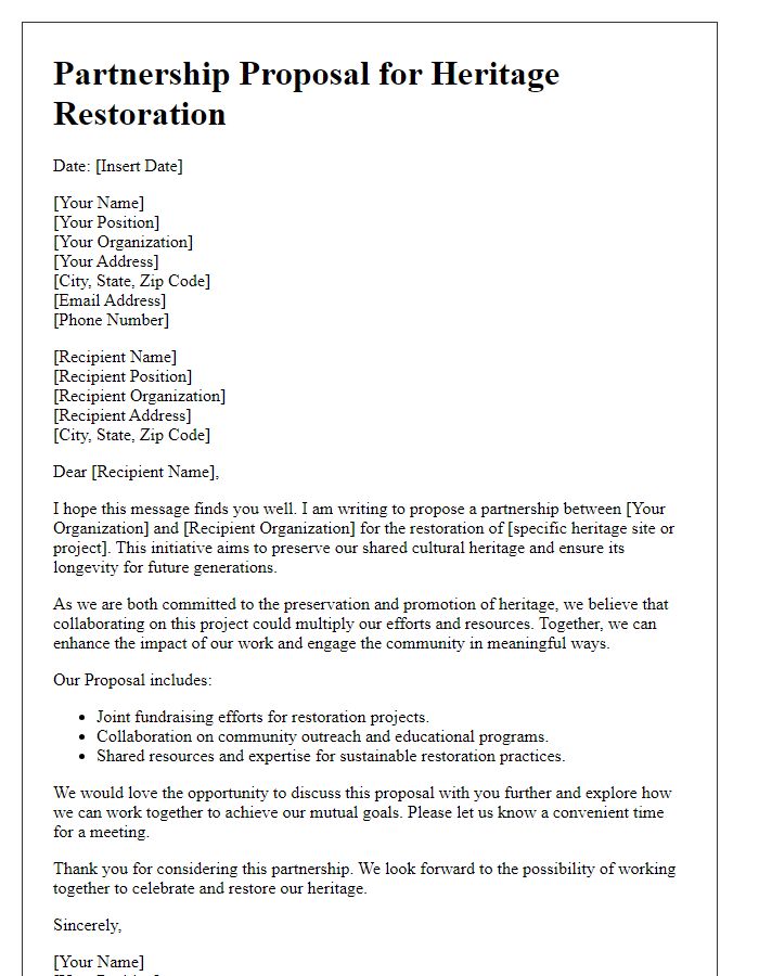 Letter template of partnership proposal for heritage restoration