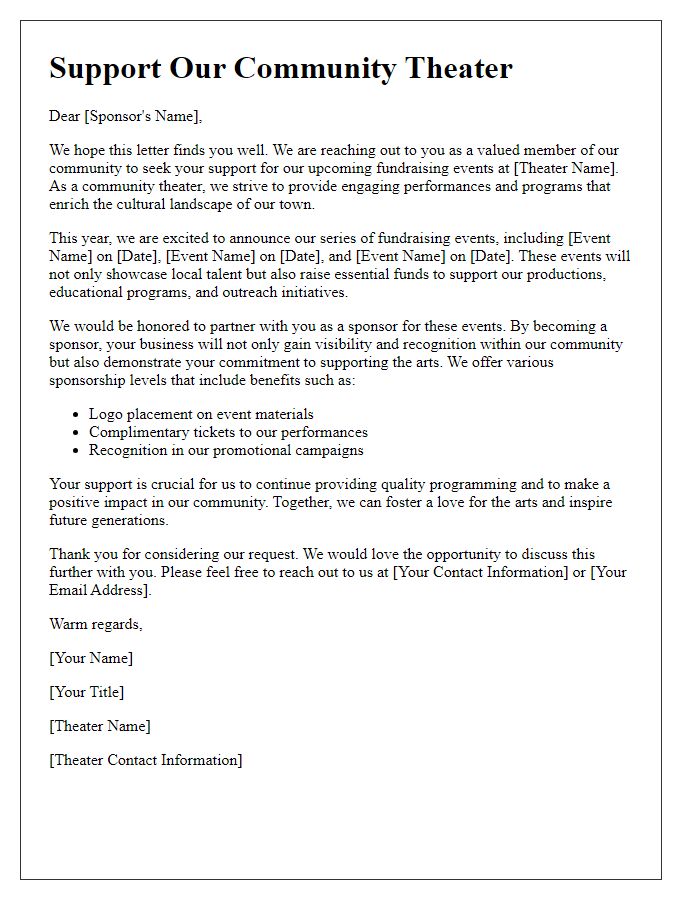 Letter template of community theater sponsorship appeal for fundraising events.