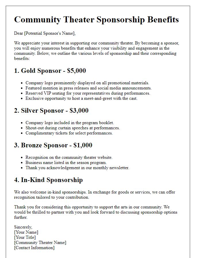 Letter template of community theater sponsorship benefits outline for potential sponsors.